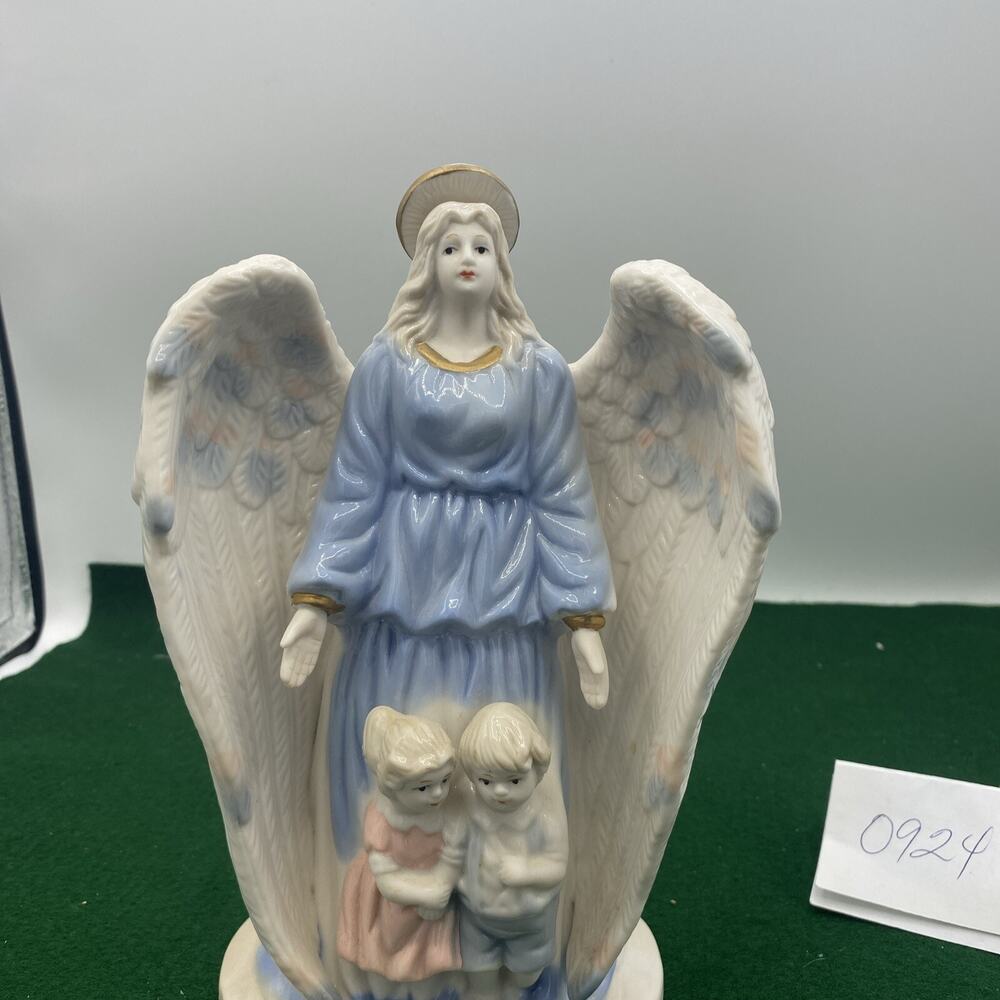Ceramic Blue And White Guardian Angel w/Boy and Girl 5.5” X 9” Tall